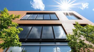 A modern building with a sun shining through the windows photo