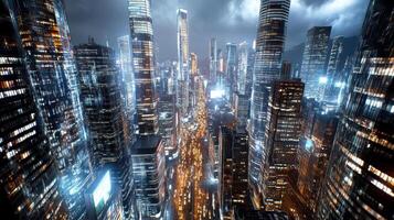 A city at night with tall buildings and lights photo