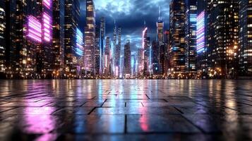 A city street at night with neon lights photo