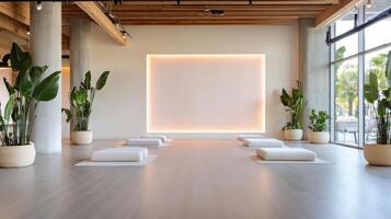 A yoga room with white walls and plants photo