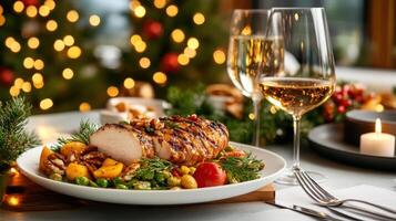 A plate of food with a turkey on it and two glasses of wine photo