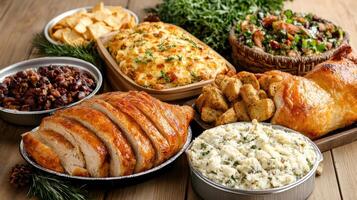 A variety of food items including meat, potatoes, and vegetables photo