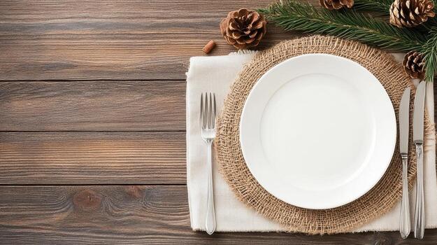 Christmas table setting with white plate and fork and knife photo
