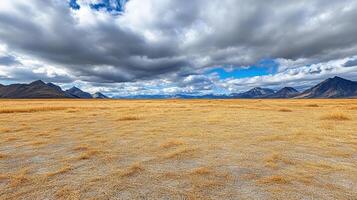 A field with dry grass and mountains under a cloudy sky photo
