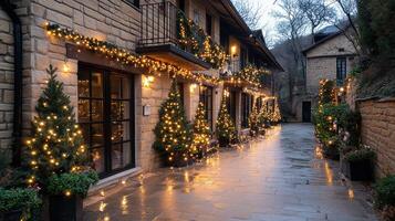 A walkway lined with lights and trees photo