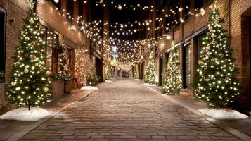 A street lined with trees and lights at night photo