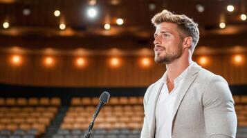 A man is giving a speech in front of a microphone photo