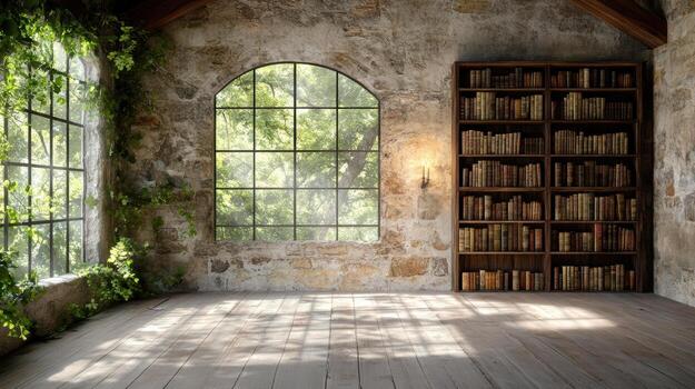 An old room with bookshelves and a window photo