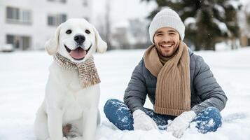 A man and his dog in the snow photo
