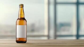 Beer bottle mockup on wooden table with city view background photo