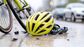 A bicycle and helmet laying on the ground photo
