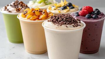 A group of smoothies in different colors photo
