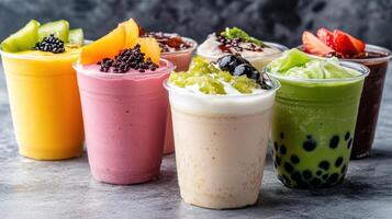 A group of different smoothies in cups photo