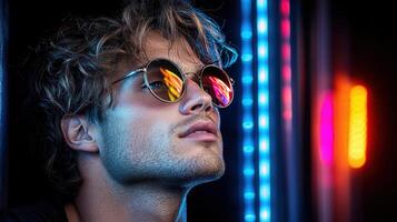 A man with sunglasses and a neon sign photo