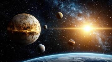 stunning view of planets in space with bright sun shining photo