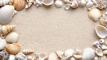 close up of seashells scattered on sandy beach, creating serene atmosphere photo
