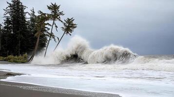 powerful wave crashes onto shore, threatening coastal trees photo