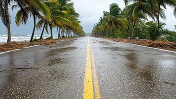 coastal road lined with palm trees after storm, showcasing nature resilience photo