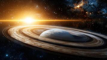 stunning cosmic view of Saturn with its rings and bright sun photo