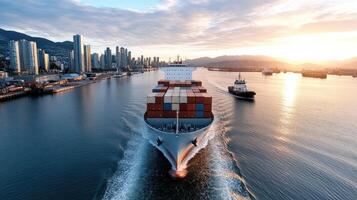 container ship navigating harbor at sunset, guided by tugboat photo