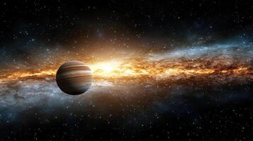 stunning cosmic scene featuring planet amidst vibrant galaxy photo