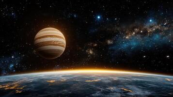 stunning cosmic landscape featuring Jupiter above Earth, showcasing beauty of solar system photo