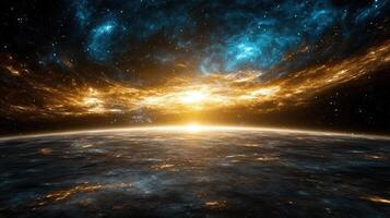 cosmic landscape with swirling galaxies and glowing horizon photo