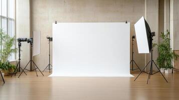Photography studio setup with white backdrop and lighting equipment photo