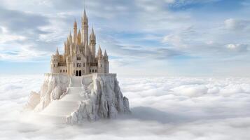 majestic castle on hilltop surrounded by fluffy clouds and blue skies photo