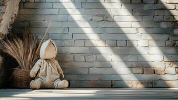 creepy doll sitting on dusty shelf in attic, surrounded by shadows photo