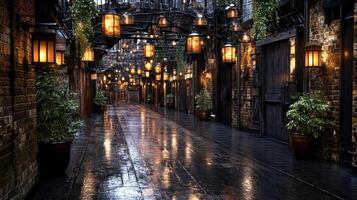 dark alleyway illuminated by flickering lanterns, creating mysterious atmosphere photo