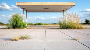 Deserted gas station with overgrown plants and clear blue sky photo