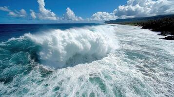 stunning view of powerful ocean wave crashing onto shore under bright sky photo
