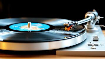 vintage record player spinning vinyl record, creating nostalgic atmosphere photo