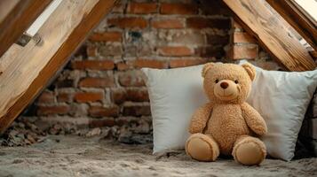 cozy attic with teddy bear and soft pillows, evoking nostalgia photo