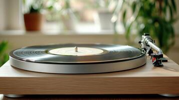 vintage record player spinning vinyl in cozy setting photo