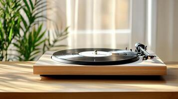 vintage record player spinning vinyl on wooden table, surrounded by greenery photo