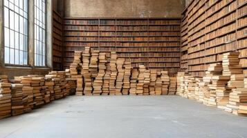 dusty old library filled with towering shelves and stacked books photo