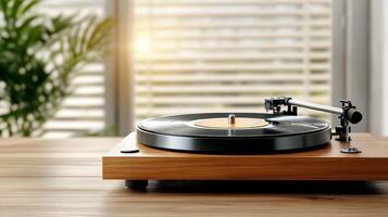 vintage record player spinning vinyl on wooden table, evoking nostalgia photo