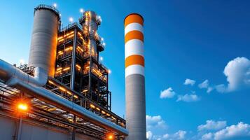 factory exterior at night, illuminated by bright lights and smoke stacks photo