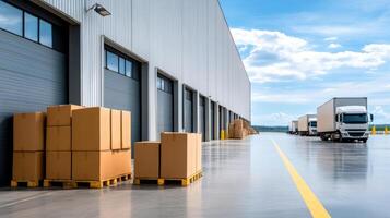 Large loading dock with trucks and stacked boxes ready for shipment photo