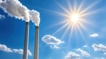 factory with smoke billowing from chimneys under bright sun photo