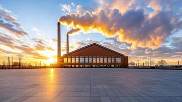 factory with smoke billowing from chimneys at sunset, creating dramatic scene photo