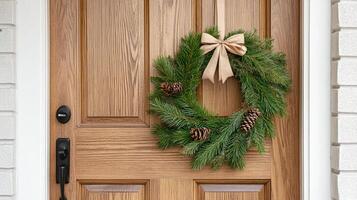 festive New Year wreath with pinecones and bow on wooden door photo