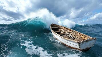 fisherman boat capsizing as tsunami wave approaches, creating dramatic scene photo