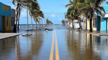 Flooded street with debris and palm trees after storm, showcasing nature impact photo