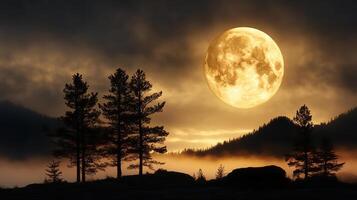 foggy night with full moon illuminating silhouetted trees and mountains photo