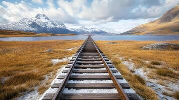 serene train track leading into misty mountains and golden grassland photo