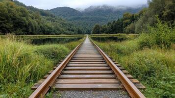 serene train track leading into misty mountains, surrounded by lush greenery photo