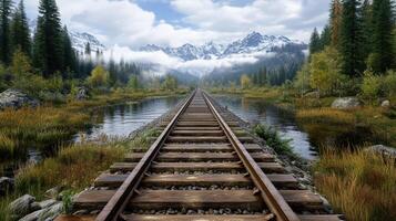 serene train track leading into misty mountains, surrounded by nature beauty photo